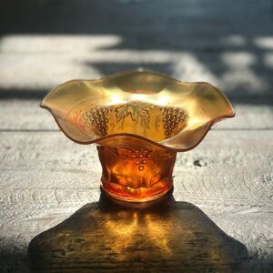 Carnival Glass Ruffle Hat Vase or Votive Grapevine Grape Motif Fenton Northwood?